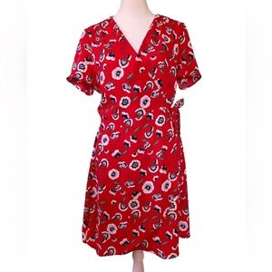 J.‎ Crew Factory Red Floral Wrap Dress with Flutter Sleeves and V-Neck (Size 6)